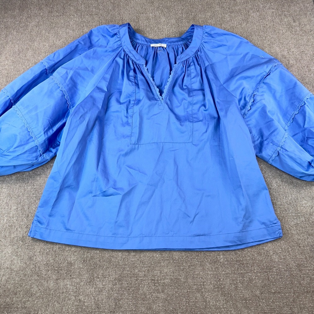 Tyler Boe Blue Cotton Scallop Lace Trim Balloon Sleeve Blouse Top Dragonfly Logo